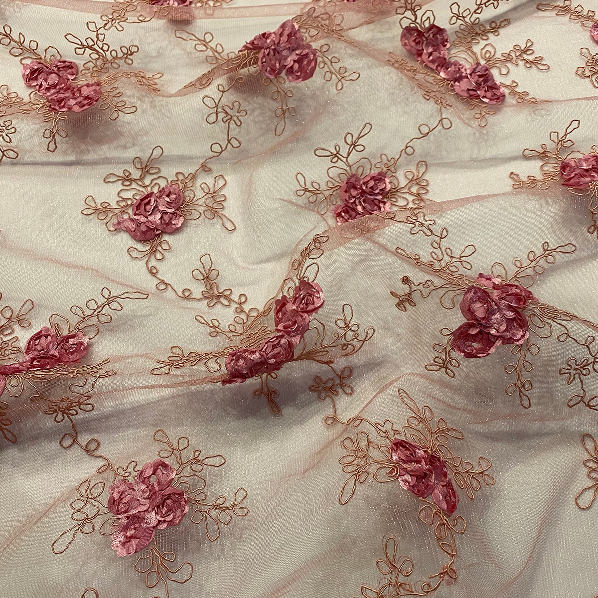 Premium Rose Embroidered Organza Lace Floral Fabric- By the Yard